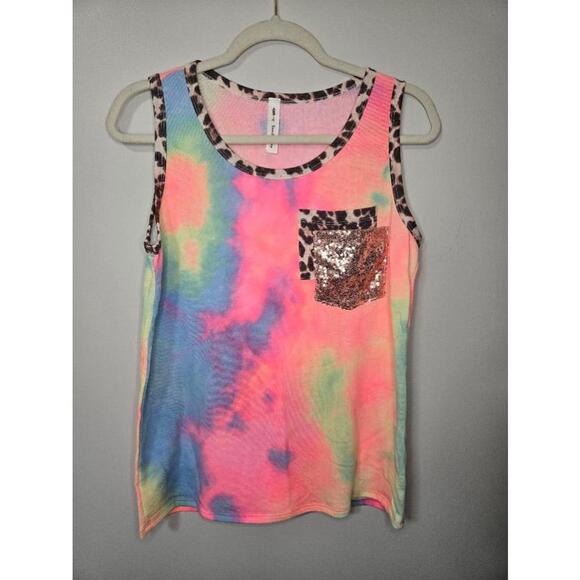 Vanilla Sky Tops - Vanilla Sky womens Tie Dye Tank Top with Sequin Pocket - Size Small